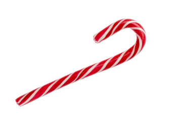 Mint striped hard candy cane in traditional Christmas colors isolated on white background. Close-up. Sweet lollipop. One red caramel for new year.