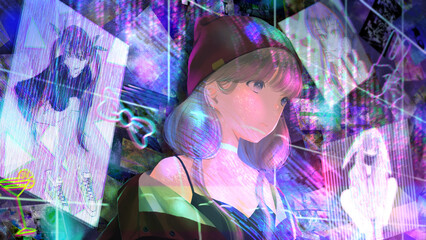 ネオン,女の子,クラブ,グリッチ,イラスト