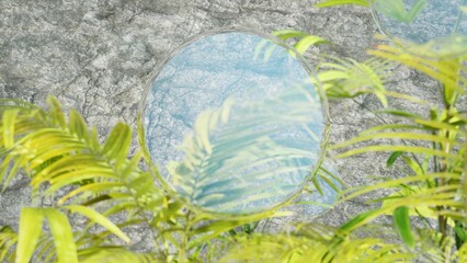 tropical background with a blue transparent glass ball floats in the air, surrounded by tropical plants and srone wall background, a round frame, mockup design