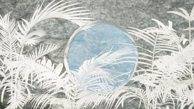 tropical background with a blue transparent glass ball floats in the air, surrounded by tropical white tint plants and srone wall background, a round frame, mockup design
