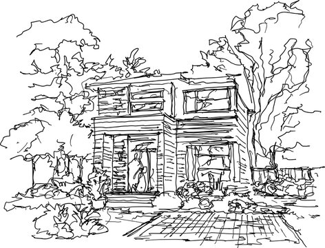 hand drawn architectural sketch of beautiful modern detached village house with garden  and trees