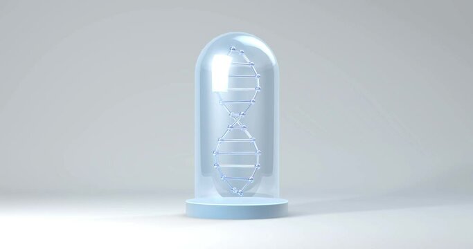 A blue DNA molecule spins around its axis in a flask on the podium.3d glass illustration of dna. DNA genetic research seamless loop 4k. Double helix loop animation. Science,healthcare and biology