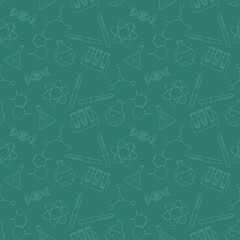 seamless pattern with thin contour  elements of science, imitation chalk notes on class board