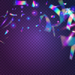 Transparent Glare. Pink Metal Sparkles. Laser Burst. Festive Art. Bokeh Tinsel. Digital Foil. Blur Prismatic Illustration. Iridescent Effect. Purple Transparent Glare