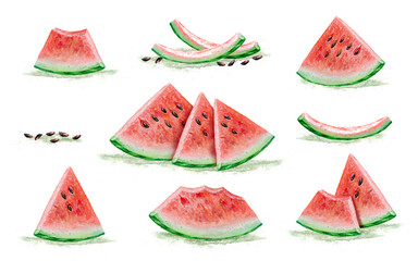 Set of watercolour illustrations of watermelon slices isolated on a white background