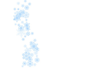 Winter frame with blue snowflakes for Christmas and New Year celebration. Horizontal winter frame on white background  for banners, gift coupons, vouchers, ads, party events. Falling frosty snow.