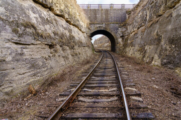 Road bridge with a railway tunnel in the canyon. Inscription in Russian 1893. Background with copy...