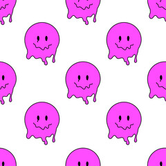 Funny smile dope faces seamless pattern. psychedelic surreal techno melt smile background. Trippy smiley faces, techno, melting smile face cartoon background wallpaper concept art. Y2K aesthetic