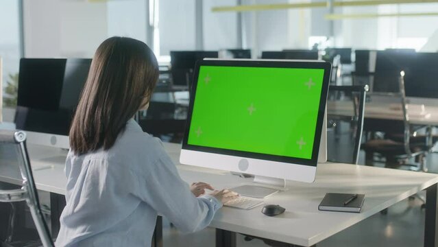 Business Woman Hands Working Internet on Pc Computer On Desk. Girl Hands Surfing on Green Screen Notebook. Female Freelancer Searches For Information on The Internet