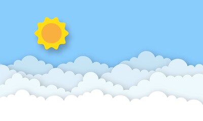 cartoon cloud sun on blue sky paper cut style,  card illustration a lot of clouds. Sunny day clouds. Creative paper craft art style, vector illustration.