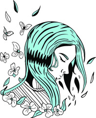 Sad woman illustration with flowers