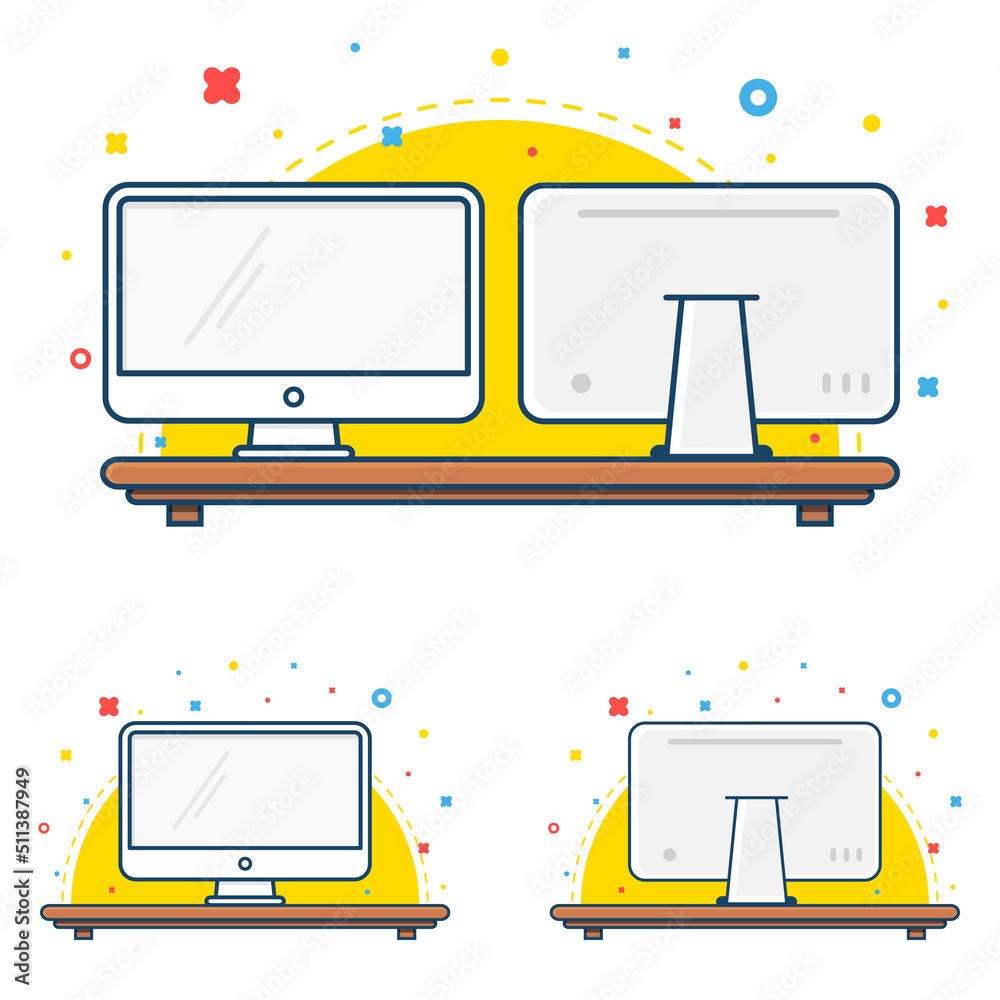 Fototapete computer screen icon. front and back view. desktop monitor flat thin line icon. pc display outline i