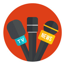 TV news microphone icon. Reporter equipment. Press conference, interview concept. Live news reportage. Flat icon in circle isolated on white background. Vector icon
