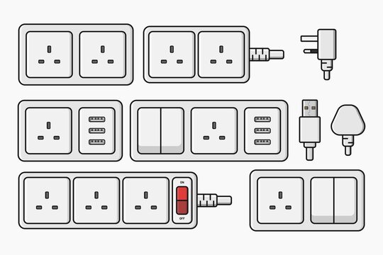 power outlet plug electric socket type g switcher set vector flat illustration