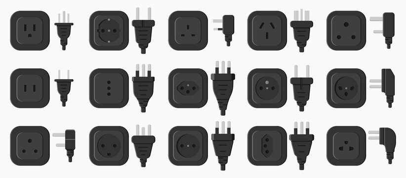 power outlet plug world standards shape icons set vector flat illustration