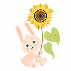 Obraz na płótnie Canvas Cute bunny with big yellow sunflower flower. Vector illustration. Funny character - rabbit for childrens collection, cards and covers, design, decor, print, flyers