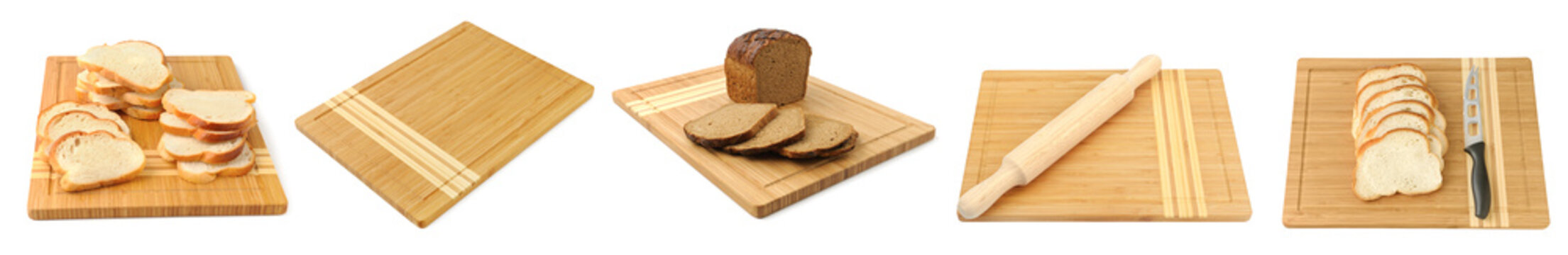 Breadboard for cutting, rolling pin and sliced bread isolated on white background. Panoramic photo.