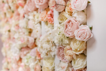 Flowers wall background with amazing pink and white roses, peonies and hydrangeas, wedding...