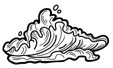 Sea wave, powerful splash energy of nature. Nautical ocean theme with ocean storm, summer holiday. For surfing and sailing decoration element. Hand drawn illustration. Old comic cartoon style drawing.