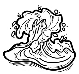 Sea wave, powerful splash energy of nature. Nautical ocean theme with ocean storm, summer holiday. For surfing and sailing decoration element. Hand drawn illustration. Old comic cartoon style drawing.