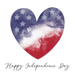 Happy Independence Day greeting card with Watercolor textured vector heart in color of American flag of USA with white stars. Patriotic design for US holiday 4th of July.