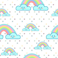 Cutie rainbow with clouds. Kawaii characters. Seamless bright vector pattern.
