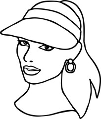 Beautiful girl wear sporty baseball cap. Pretty woman with attractive face, bright eyes and lips. Fashion model dress summer hat. Hand drawn vector illustration. Cartoon character line drawing.