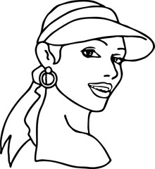 Beautiful girl wear sporty baseball cap. Pretty woman with attractive face, bright eyes and lips. Fashion model dress summer hat. Hand drawn vector illustration. Cartoon character line drawing.