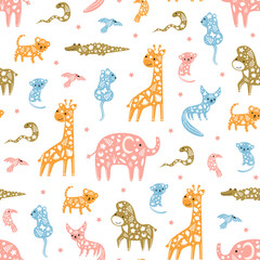 Cute seamless pattern with safari animals drawn in pastel colors for kids textile, wallpapers, packaging design. Funny African baby animals on white background. Vector print