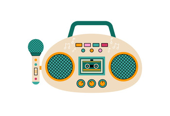 Kids musical toy. Tape Recorder, cassette player drawn in cartoon style and isolated on white background. Cute vector illustration