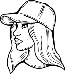 Beautiful girl wear sporty baseball cap. Pretty woman with attractive face, bright eyes and lips. Fashion model dress summer hat. Hand drawn vector illustration. Old style cartoon character drawing.