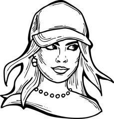 Beautiful girl wear sporty baseball cap. Pretty woman with attractive face, bright eyes and lips. Fashion model dress summer hat. Hand drawn vector illustration. Old style cartoon character drawing.