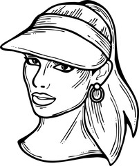 Beautiful girl wear sporty baseball cap. Pretty woman with attractive face, bright eyes and lips. Fashion model dress summer hat. Hand drawn vector illustration. Old style cartoon character drawing.