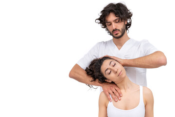 Woman having chiropractic back adjustment in rehabilitation clinic. Osteopathy, Physiotherapy concept.