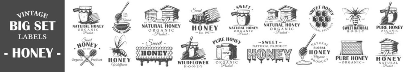 Fototapeta na wymiar Set of vintage honey labels. Templates for the design of logos and emblems. Collection of honey symbols: bee, beehive, honeycomb. Vector illustration