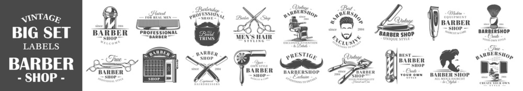 Set of vintage barbershop labels. Templates for the design of logos and emblems. Collection of barbershop symbols: shaver, haircut, beard. Vector illustration