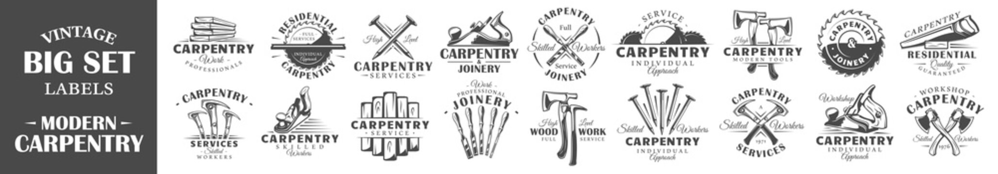 Set of modern carpentry labels.  Posters, stamps, banners and design elements. Vector illustration