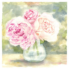 Watercolor drawing peony bouquet in the glass vase on the background with spots