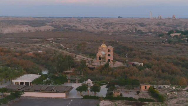 Abandoned monastery near Jordan river in israel desert, Aerial
Aerial view over Qasr al-Yahud or The land of the monasteries, israel,2022

