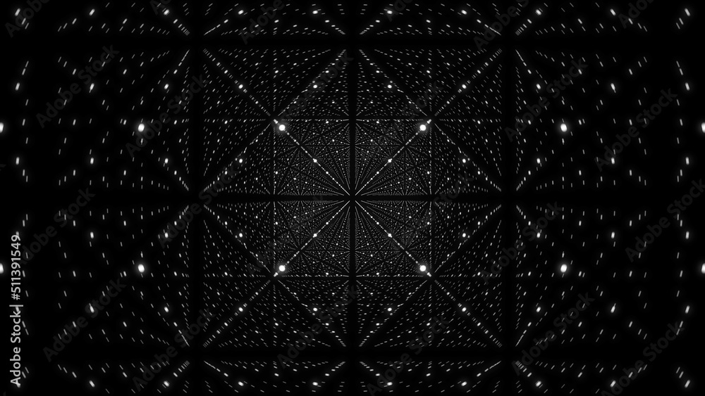 Poster White wireframe matrix cube for future innovation digital concept. Abstract futuristic structure with dots. Rectangular percpective background with nodes on a grid. Virtual reality illustration with