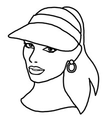 Beautiful girl wear sporty baseball cap. Pretty woman with attractive face, bright eyes and lips. Fashion model dress summer hat. Hand drawn illustration. Comic cartoon style character line drawing.