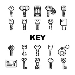 Key For Open And Close Padlock Icons Set Vector. Vintage And Modern Electronic Key With Fingerprint Scanner System, Car And House, Standard English And Ancient Style Color Illustrations