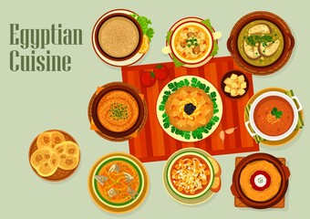 Egyptian cuisine Ramadan dishes, vector Arabian food of meat, vegetable, bean and fish. Lentil, tomato and trotter soups with sesame bread kesra, eggplant salad zaalouk and broad bean soup bissara