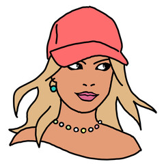Beautiful girl wear sporty baseball cap. Pretty woman with attractive face, bright eyes and lips. Fashion model dress summer hat. Hand drawn illustration. Old style comic cartoon character drawing.