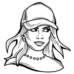 Beautiful girl wear sporty baseball cap. Pretty woman with attractive face, bright eyes and lips. Fashion model dress summer hat. Hand drawn illustration. Old style comic cartoon character drawing.