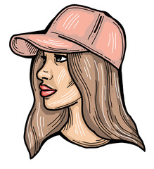 Beautiful girl wear sporty baseball cap. Pretty woman with attractive face, bright eyes and lips. Fashion model dress summer hat. Hand drawn illustration. Comic cartoon character colourfuldrawing.