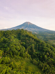 Drone photo of Mount Sumbing with hill overgrown by dense of trees in the morning. Central Java, Indonesia