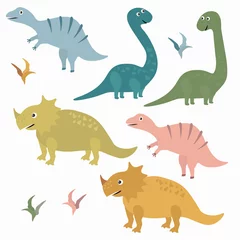 Muurstickers Dinosaurussen Kleurrijke cartoon dinosauruscollectie met bladeren