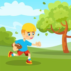 Little boy playing rugby or american football illustration