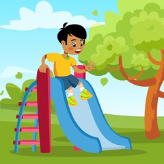 Vector illustration of Little boy cartoon playing on a slide